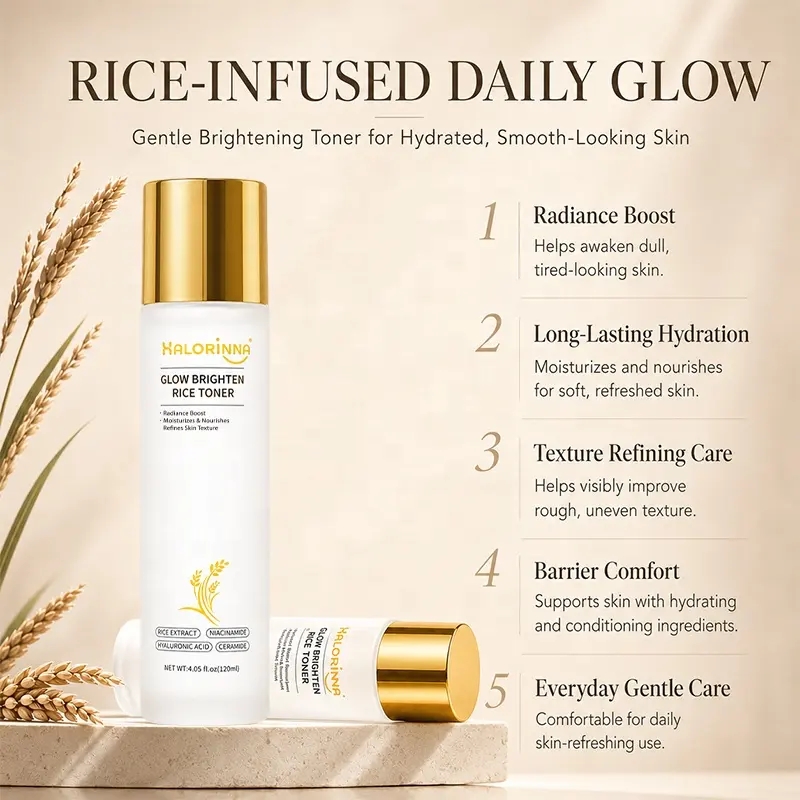 HALORINNA Brightening Rice Extract Niacinamide Hydrating Calming Liquid Toner 120ml for Natural Skin Radiance & Hydration