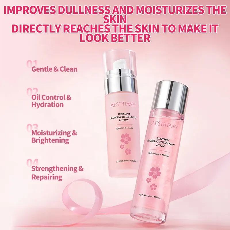 AESTHTANY Sakura 8pcs Hydrating Skincare Set Brightening Moisturizing Revitalizing Face Body Cream Serum Toner Daily Skin Care