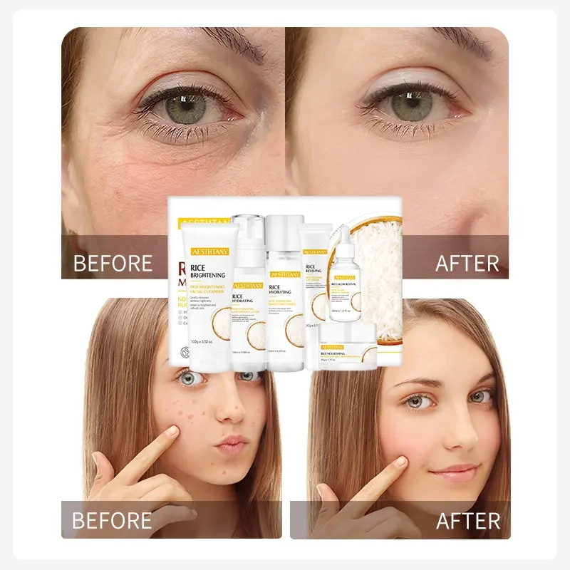 AESTHTANY Rice Moisturizing Skin Care Set 6pcs | Hydrating Facial Cleanser Toner Serum Lotion Eye Cream Anti-Wrinkle Lightening