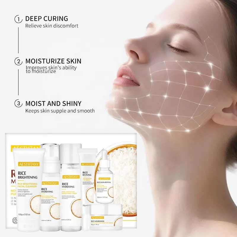 AESTHTANY Rice Moisturizing Skin Care Set 6pcs | Hydrating Facial Cleanser Toner Serum Lotion Eye Cream Anti-Wrinkle Lightening
