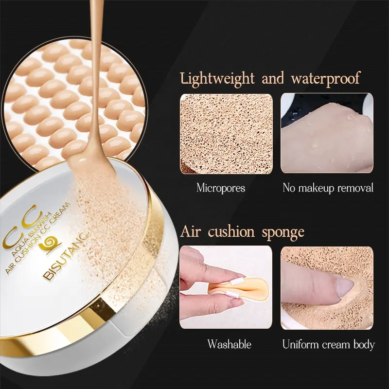 Bisutang Poreless CC Cream Liquid Makeup Cushion Concealer Oil-control Moisturizer Delicate Foundation Waterproof Whitening