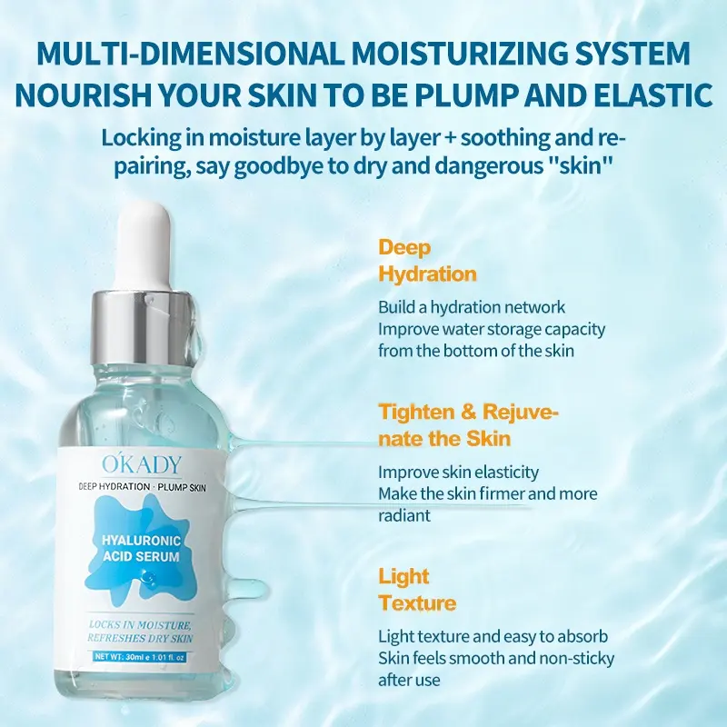 O'KADY Hyaluronic Acid Moisturizing Serum 30ml | Lightweight Facial Essence | Nourish & Restore Skin Elasticity OEM Wholesale