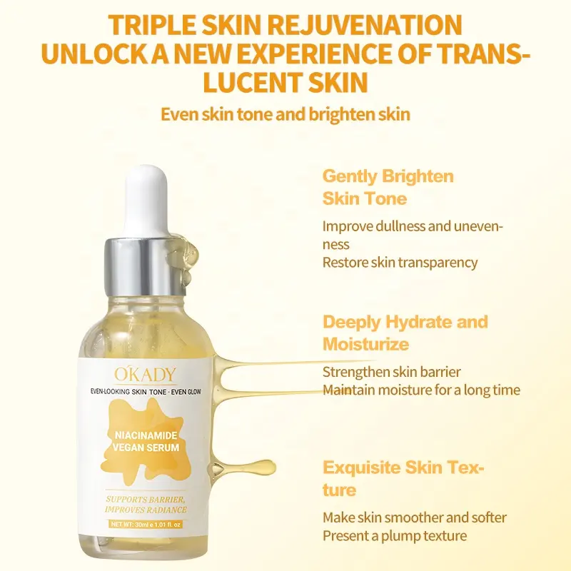 O'KADY Vegan Niacinamide & Sodium Hyaluronate Whitening Serum 30ml | Hydrating Anti-Aging | Minimize Pores & Fade Dark Spots OEM