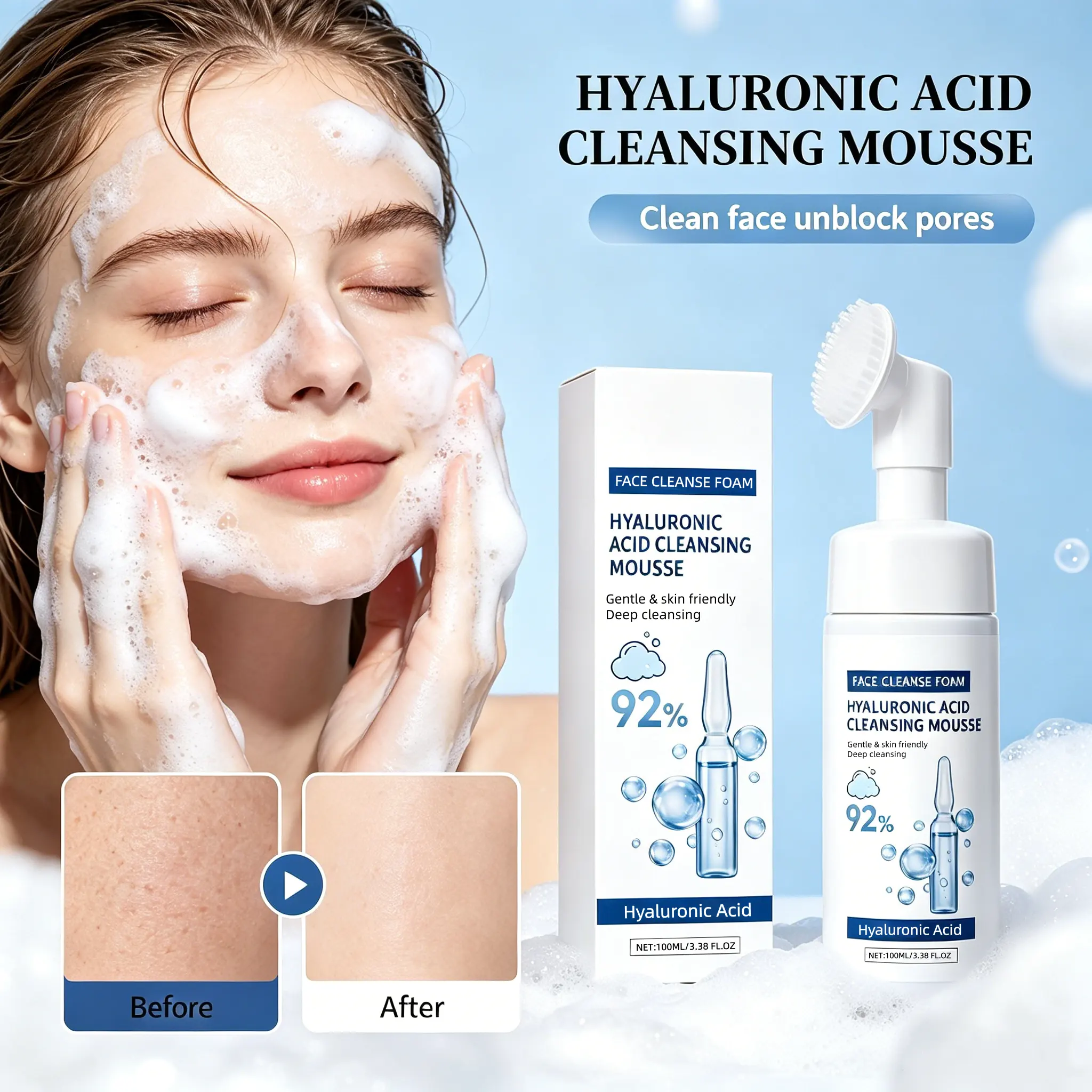 Multi-Molecular Hyaluronic Acid Foaming Facial Cleanser Amino Acid Hydrating Dry Sensitive Skin Moisturizing Face Wash Mousse