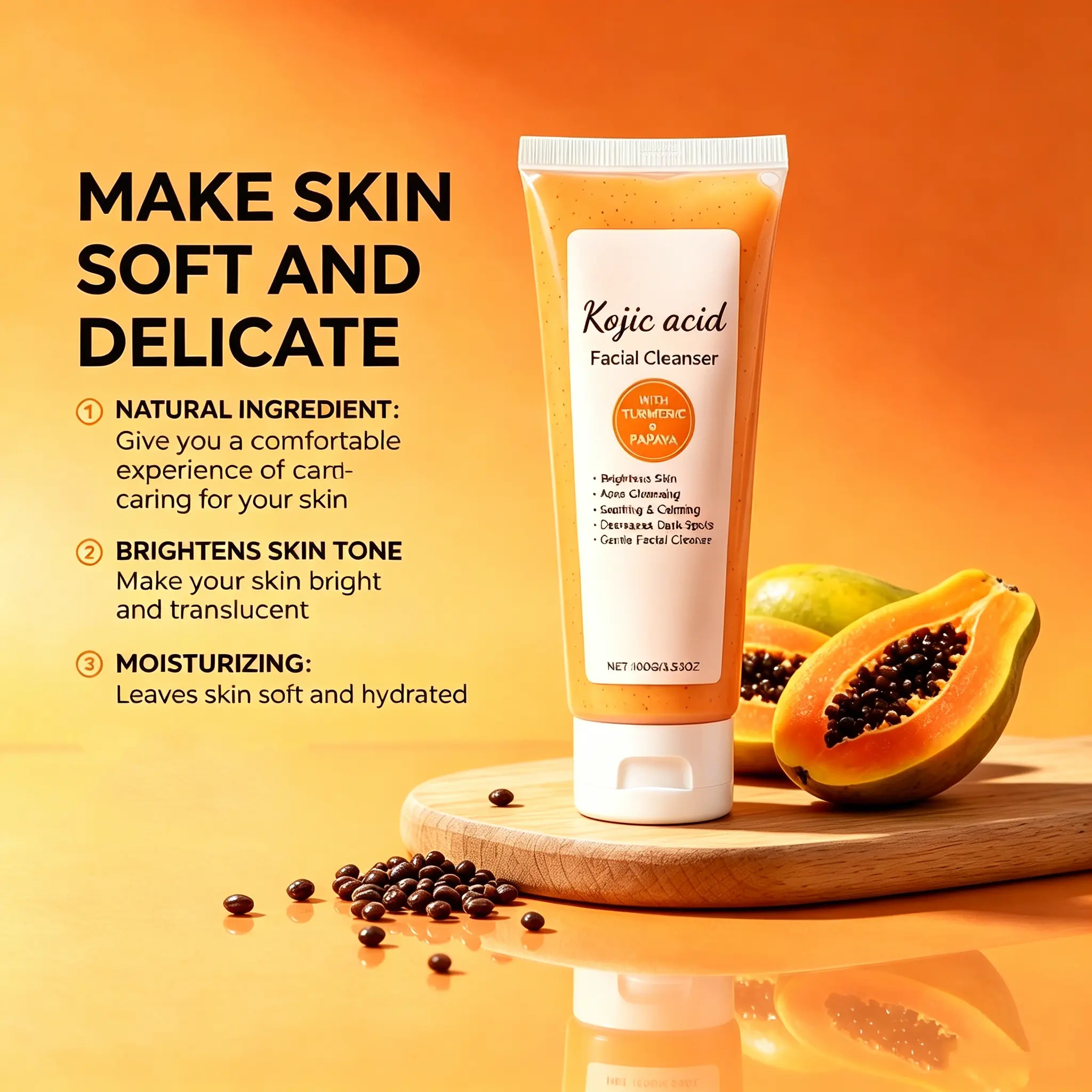 Kojic Acid Papaya Facial Cleanser Dark Spot Remover Brightening Deep Cleansing Oil Control Exfoliating Moisturizing Face Wash