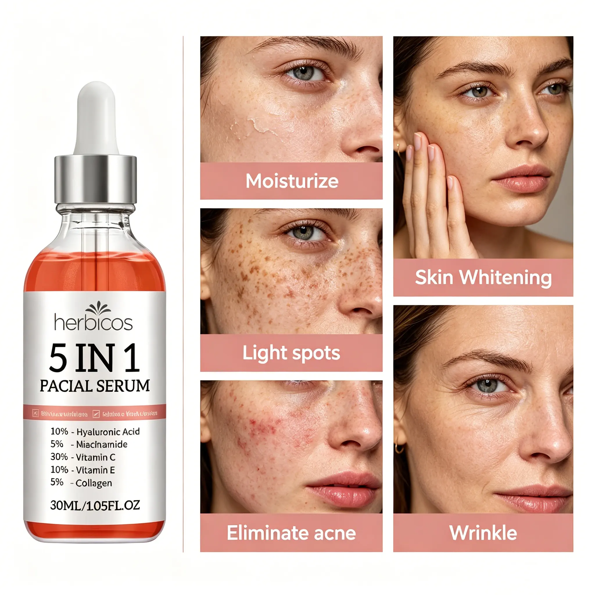 OEM 5 in 1 Facial Serum for Dark Spots Wrinkles and Acne Vitamin C Niacinamide Hyaluronic Acid Skin Whitening Essence Wholesale
