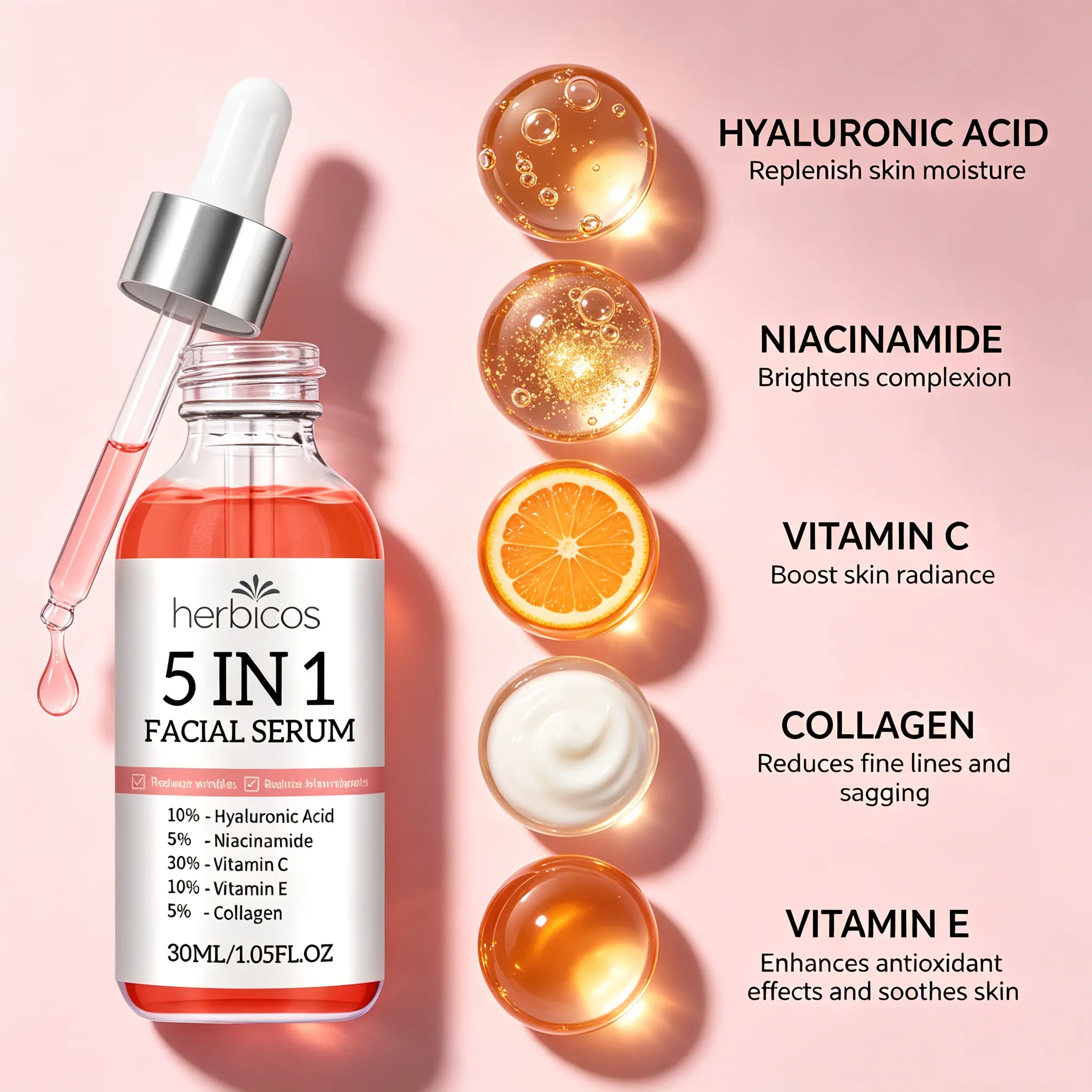 OEM 5 in 1 Facial Serum for Dark Spots Wrinkles and Acne Vitamin C Niacinamide Hyaluronic Acid Skin Whitening Essence Wholesale