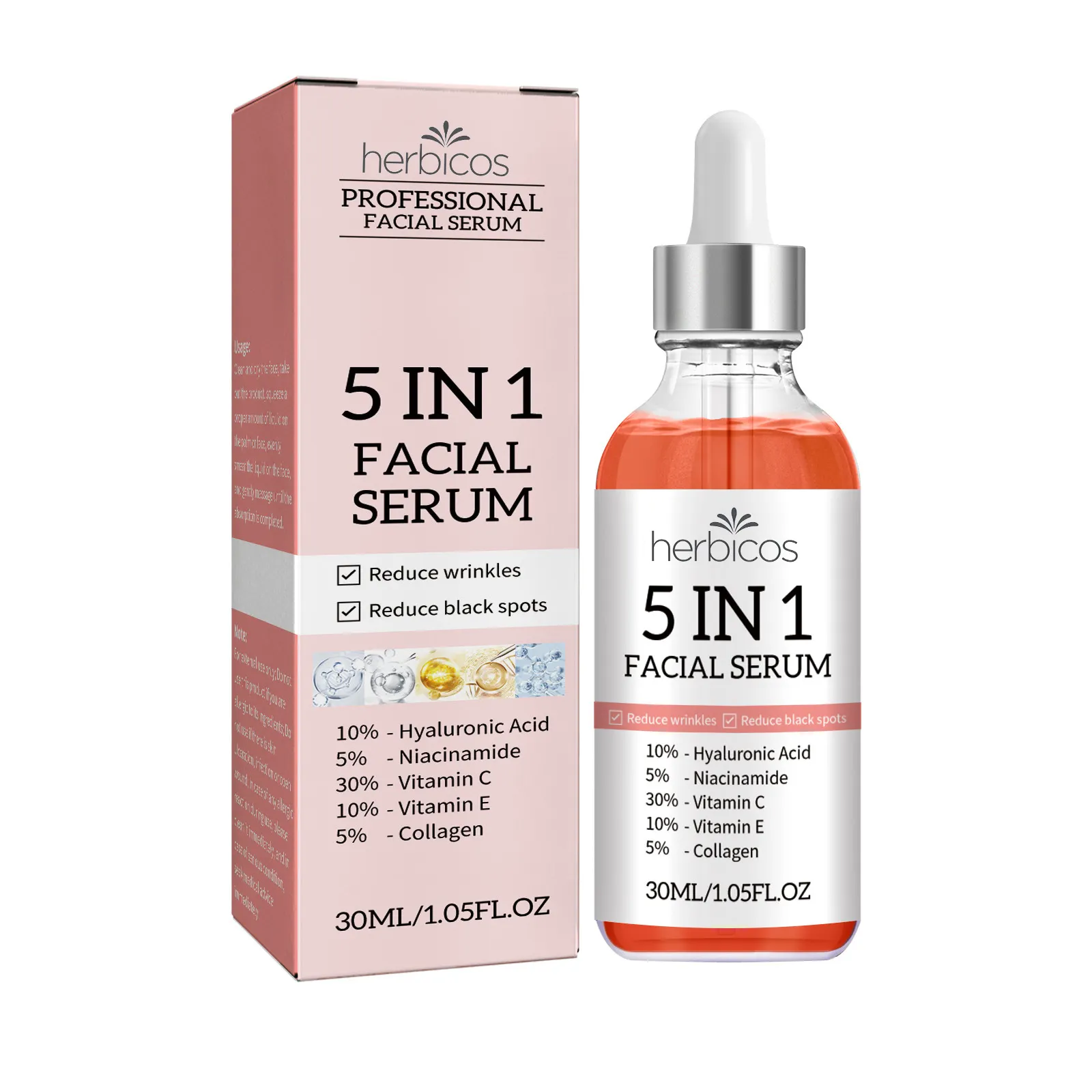 OEM 5 in 1 Facial Serum for Dark Spots Wrinkles and Acne Vitamin C Niacinamide Hyaluronic Acid Skin Whitening Essence Wholesale