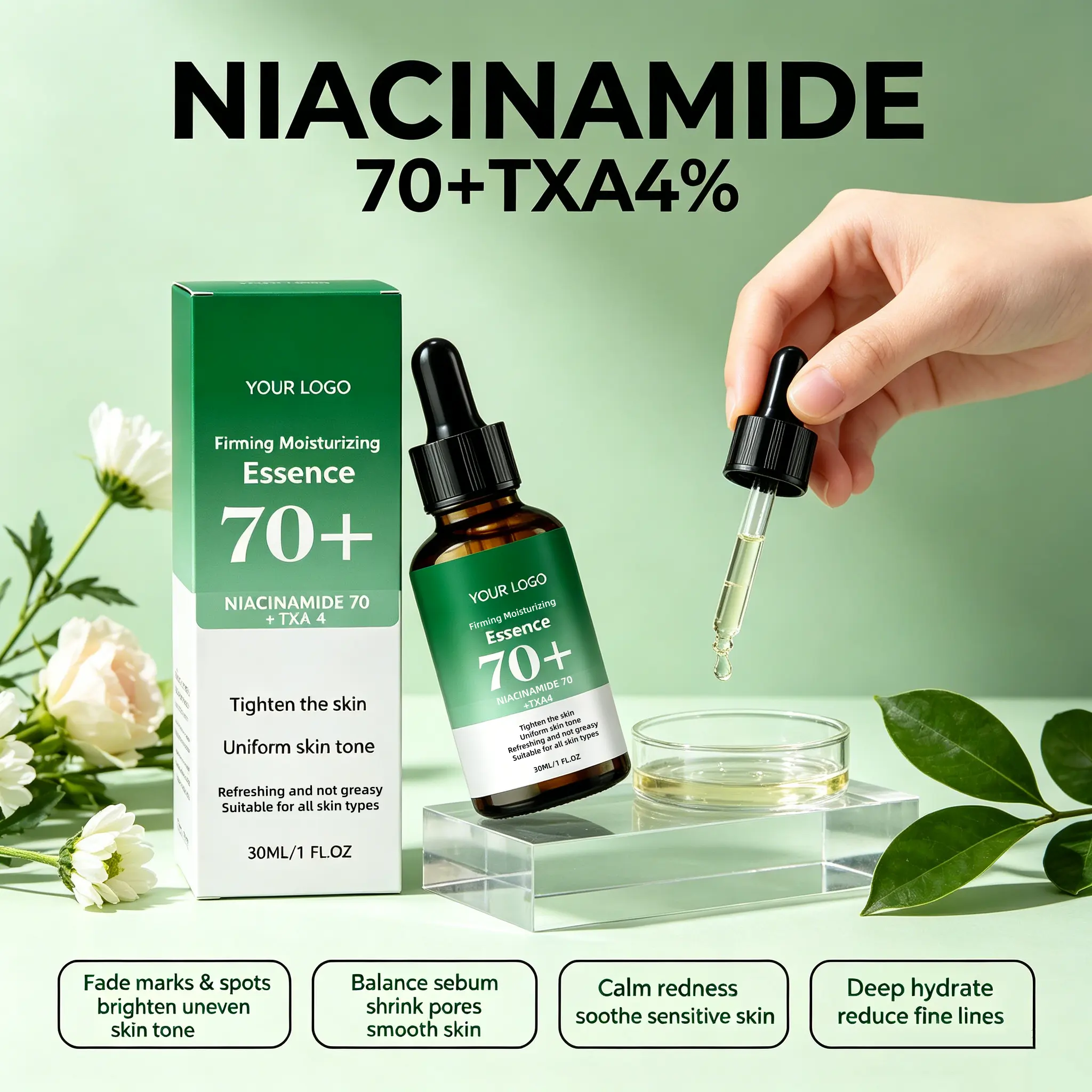 Private Label Niacinamide 70 Tranexamic Acid TXA 4 Face Serum Whitening Brightening Dark Spot Remover Anti-Agin SkinCare Essence