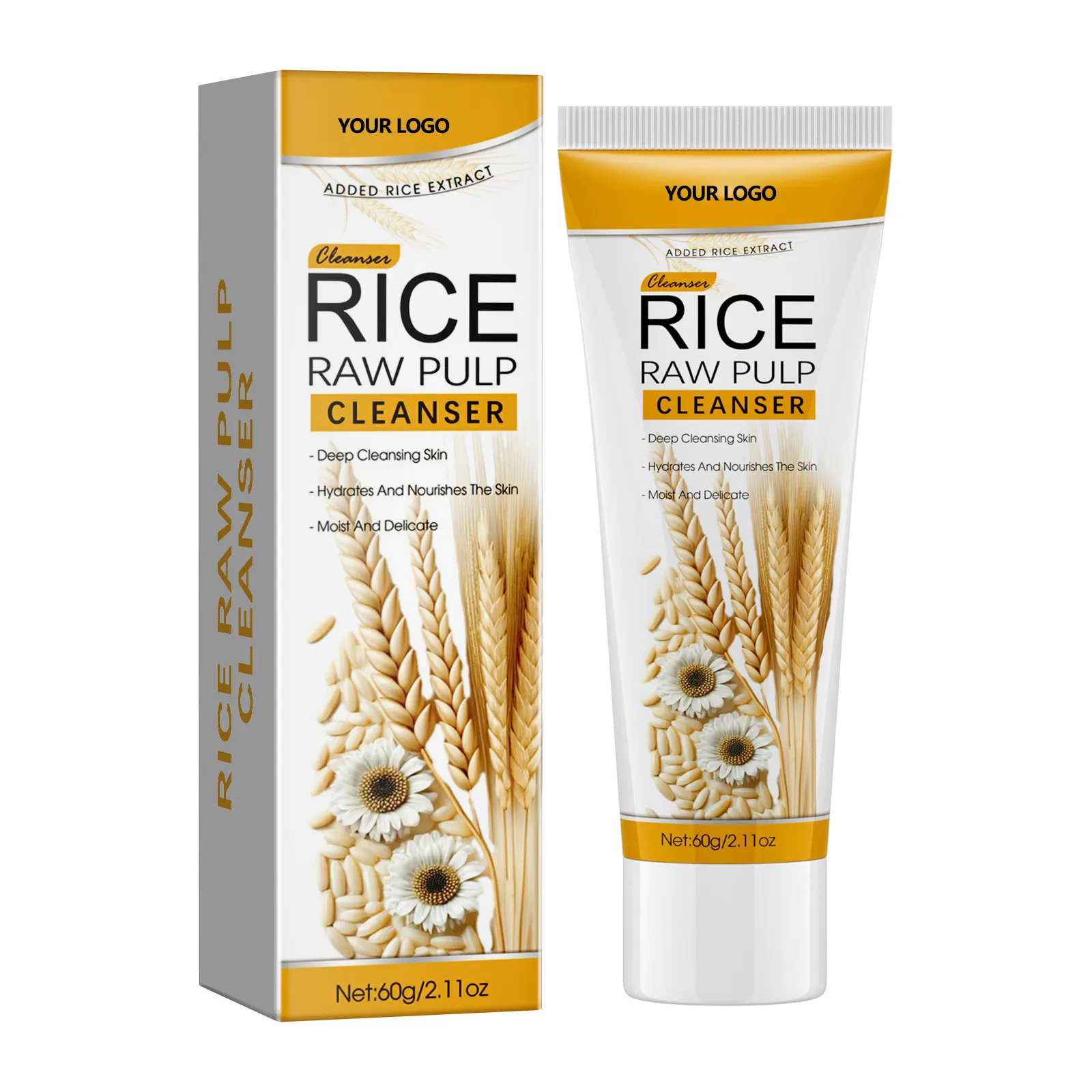 Private Label Natural Rice Slurry Facial Cleanser Anti Aging Exfoliate Shrink Pores Face Wash Foam Fights Blemishes Breakouts