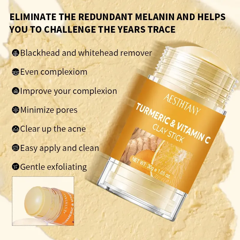 AESTHTANY 30g Salicylic Acid Turmeric Solid Mud Stick Face Tighten Refine Pores Reduce Sebum Subsiding Redness Skin Care OEM