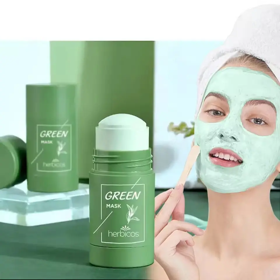 Private Label Green Tea Extract Face Mask Stick Vitamin C Infused Anti-Acne Volcanic Mud Cleanses Pores Oil Control Nose Use