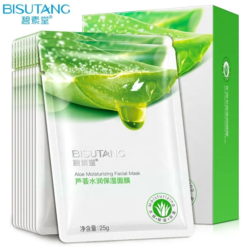 BISUTANG 10PCS/Box Cotton Aloe Vera Hydrating Moisturizing Sheet Face Mask Hyaluronic Acid Clarifying Oil Control Nourishing