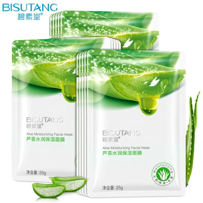 BISUTANG 10PCS/Box Cotton Aloe Vera Hydrating Moisturizing Sheet Face Mask Hyaluronic Acid Clarifying Oil Control Nourishing