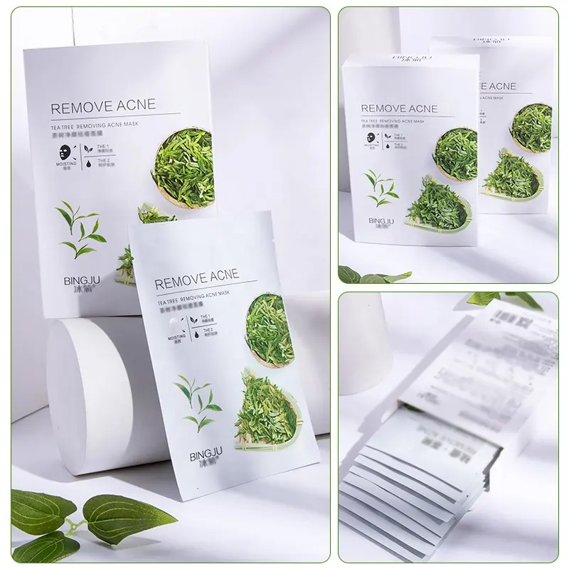 Private Label Boxed 8pcs Tea Tree Hyaluronic Acid Silk Facial Conditioning Sheet Balance Sebum Hydrate Skin Daily Facial Care