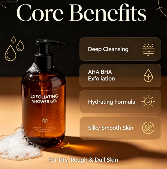 Private Label Exfoliating Shower Gel AHA Fruit Acid Gentle Body Exfoliator Wash Brightening Scrub for Rough Chicken Skin