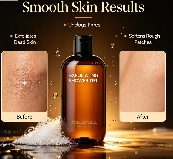 Private Label Exfoliating Shower Gel AHA Fruit Acid Gentle Body Exfoliator Wash Brightening Scrub for Rough Chicken Skin