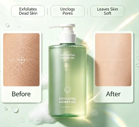 Exfoliating Shower Gel Deep Cleansing Smooth Skin Body Wash, AHA BHA Gentle Exfoliation Body Wash for Dry Rough Skin