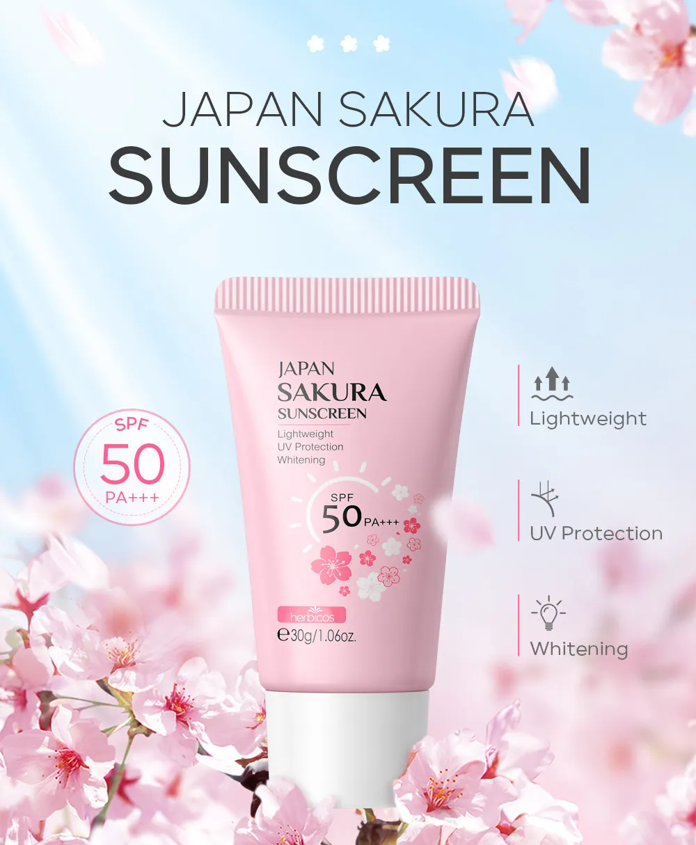 Private Label Whitening Sakura Refreshing Waterproof UV Moisturizing Brightening Sunscreen Cream SPF50+ for Face Body OEM/ODM