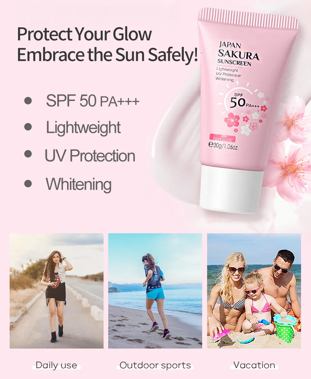 Private Label Whitening Sakura Refreshing Waterproof UV Moisturizing Brightening Sunscreen Cream SPF50+ for Face Body OEM/ODM