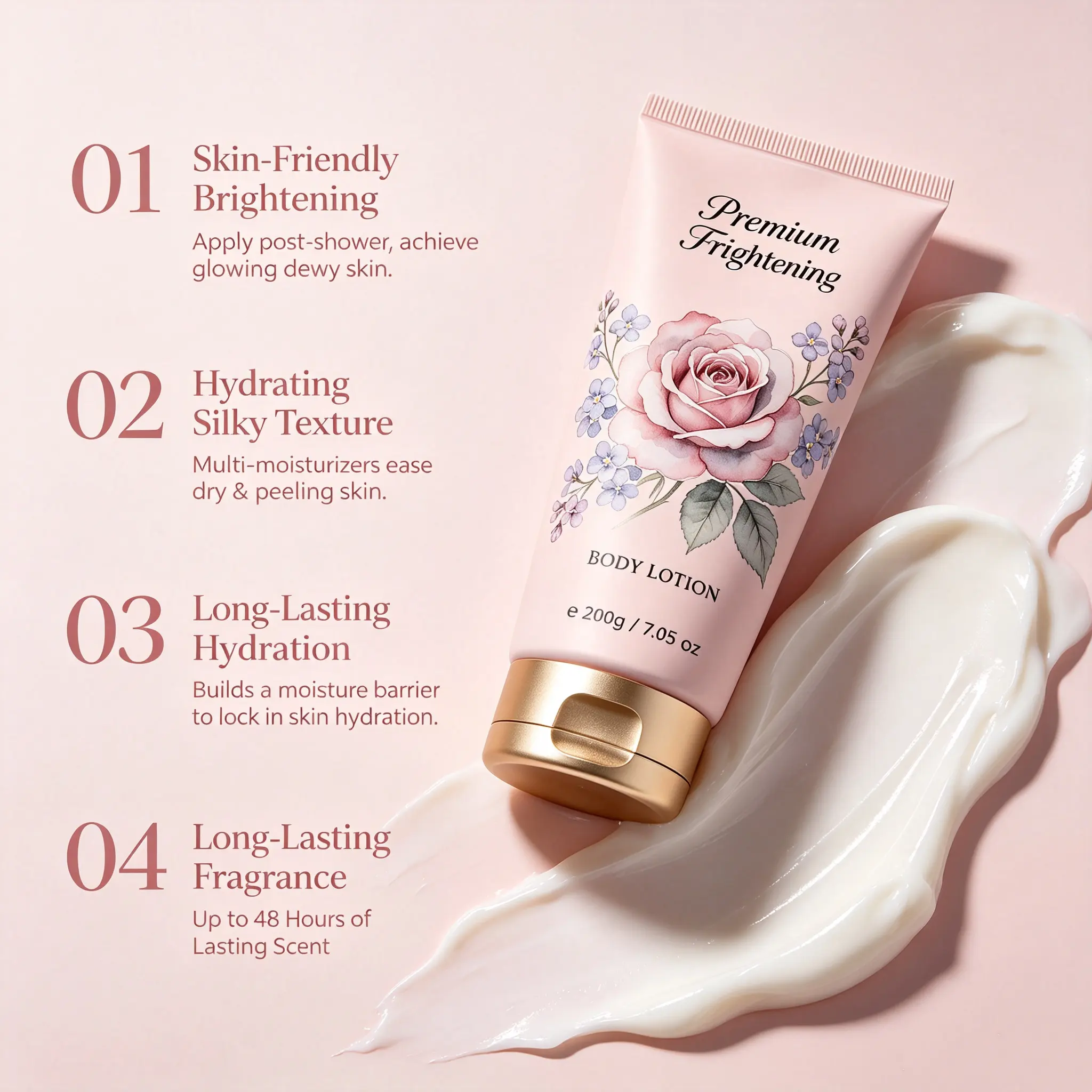 Private Label Rose Scent Body Lotion 24H Hydrating Brightening Smoothing Body Cream Organic Vegan Moisturizer for Dry Rough Skin