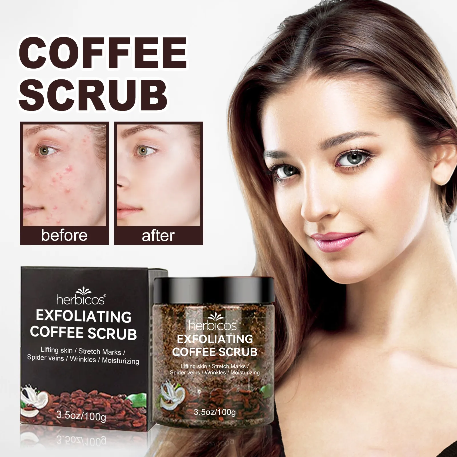 Herbicos Private Label Arabic Ogx Coffee Extract Scrub and Wash Korea Coconut Body Coffee Exfoliator