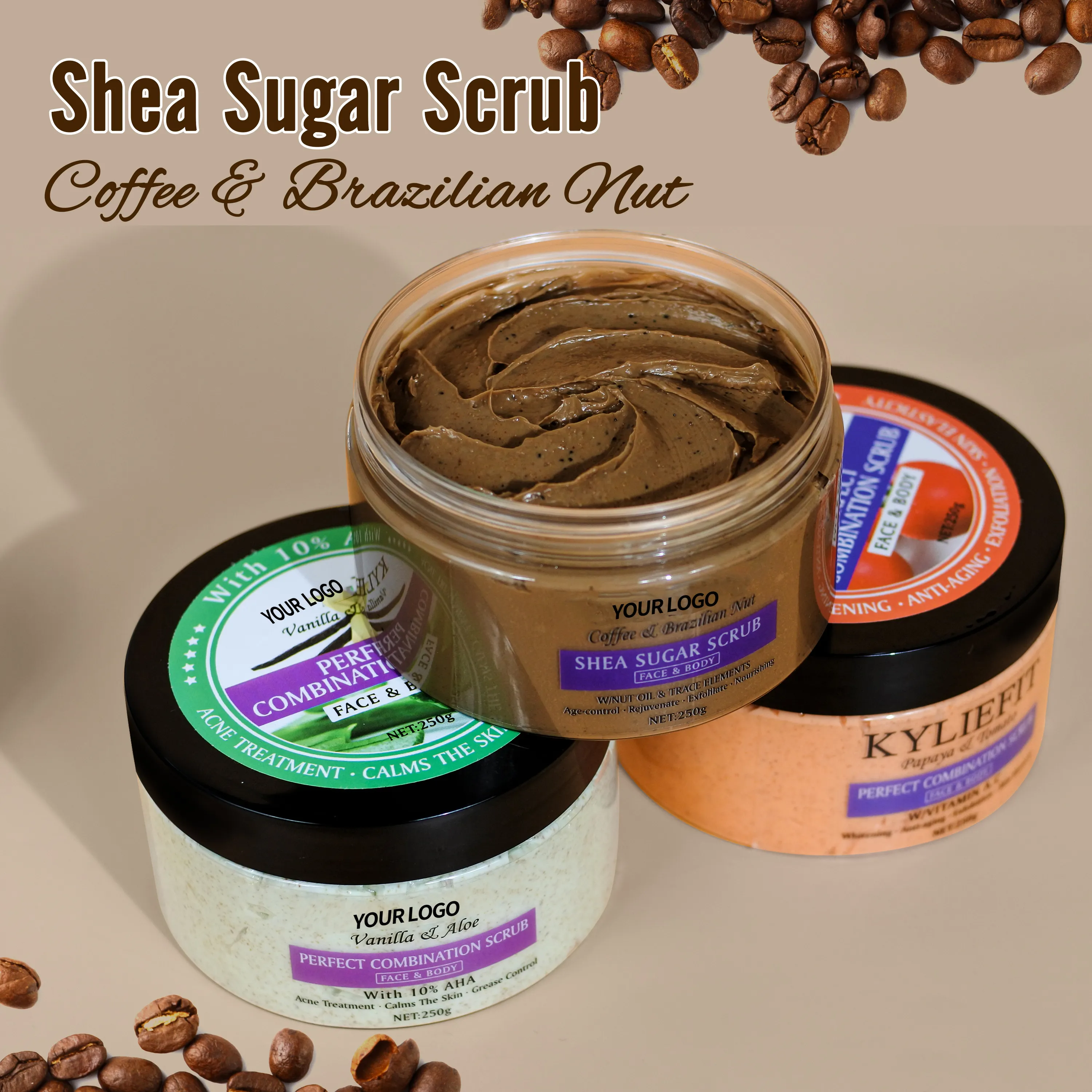Private Label Vegan Skin Care Body Scrub with Vitamin C Multivitamin Whitening Brightening Coffee Sugar Cream Wholesale