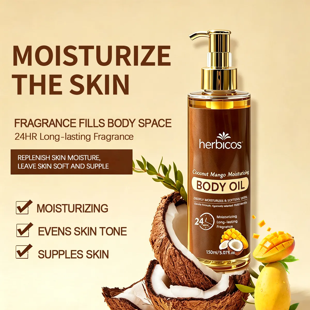 Private Label Coconut Mango Body Oil Moisturizing Brightening Skin Massage Oil Long Lasting Fragrance Body Oil Daily Skin Care