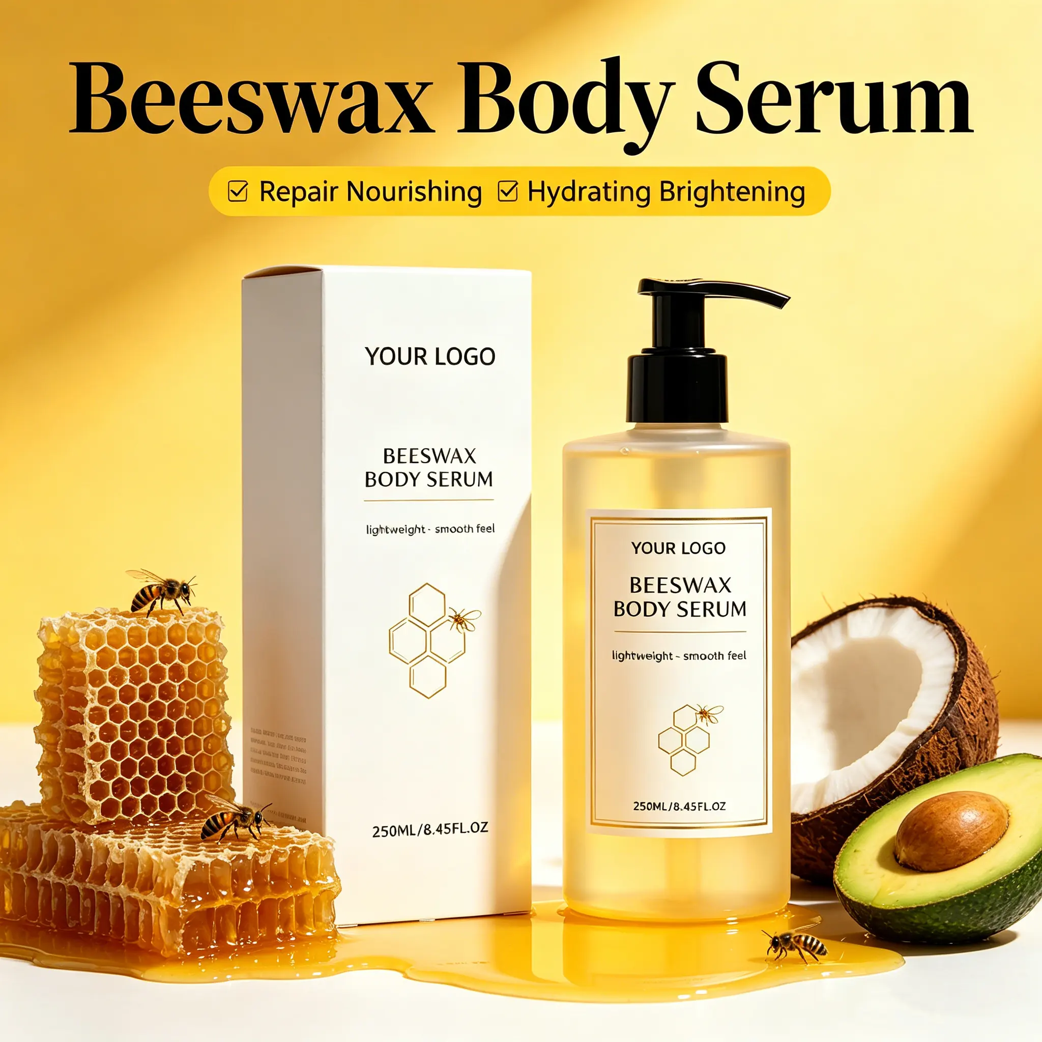 Private Label Beeswax Body Serum Natural Moisturizing Repair Dry Cracked Skin Anti-Aging Hydrating Brightening Body Care Lotion