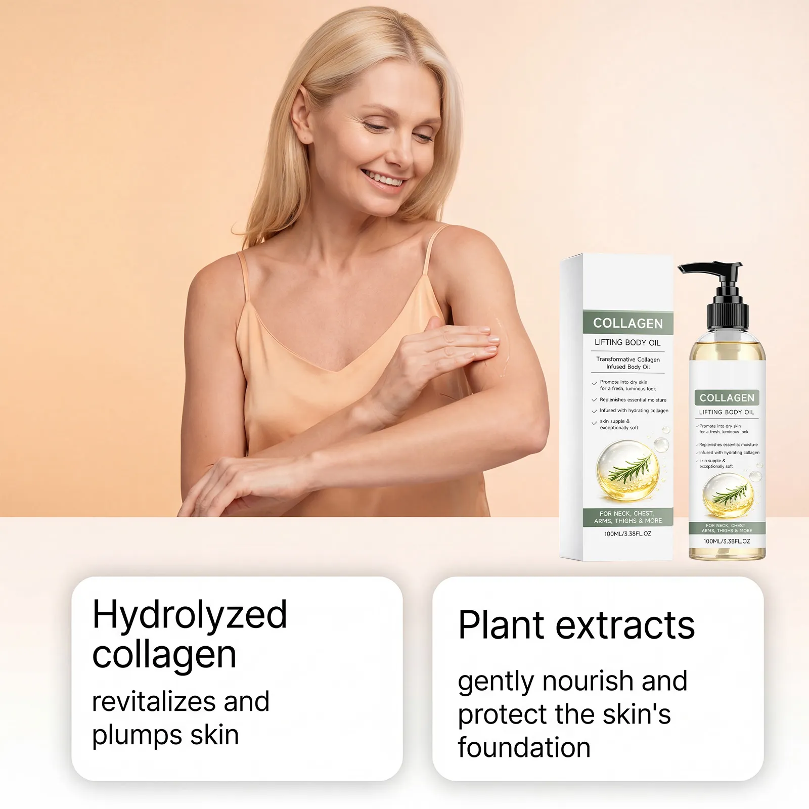 Private Label Collagen Lifting Body Oil Anti Aging Firming Moisturizing Hydrating Repair Brightening Smooth BodyCare Massage Oil