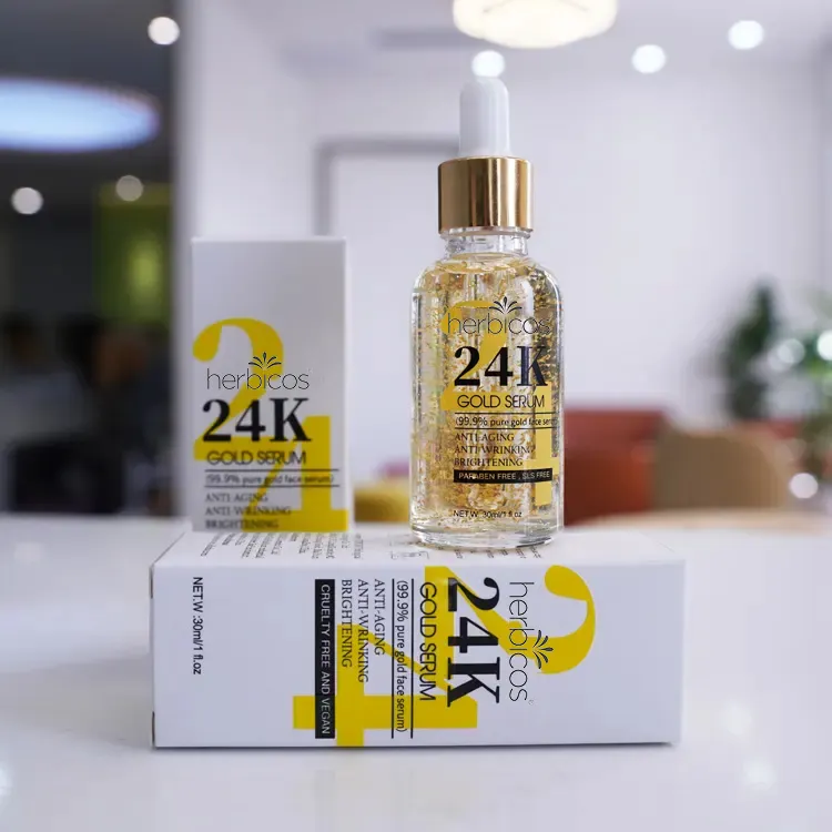 Herbicos Korean Anti Wrinkle Anti Aging Body Face 24k Gold Foil Essence Skin Care Brightening Whitening Serum for Day and Night