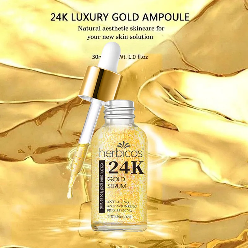 Herbicos Korean Anti Wrinkle Anti Aging Body Face 24k Gold Foil Essence Skin Care Brightening Whitening Serum for Day and Night