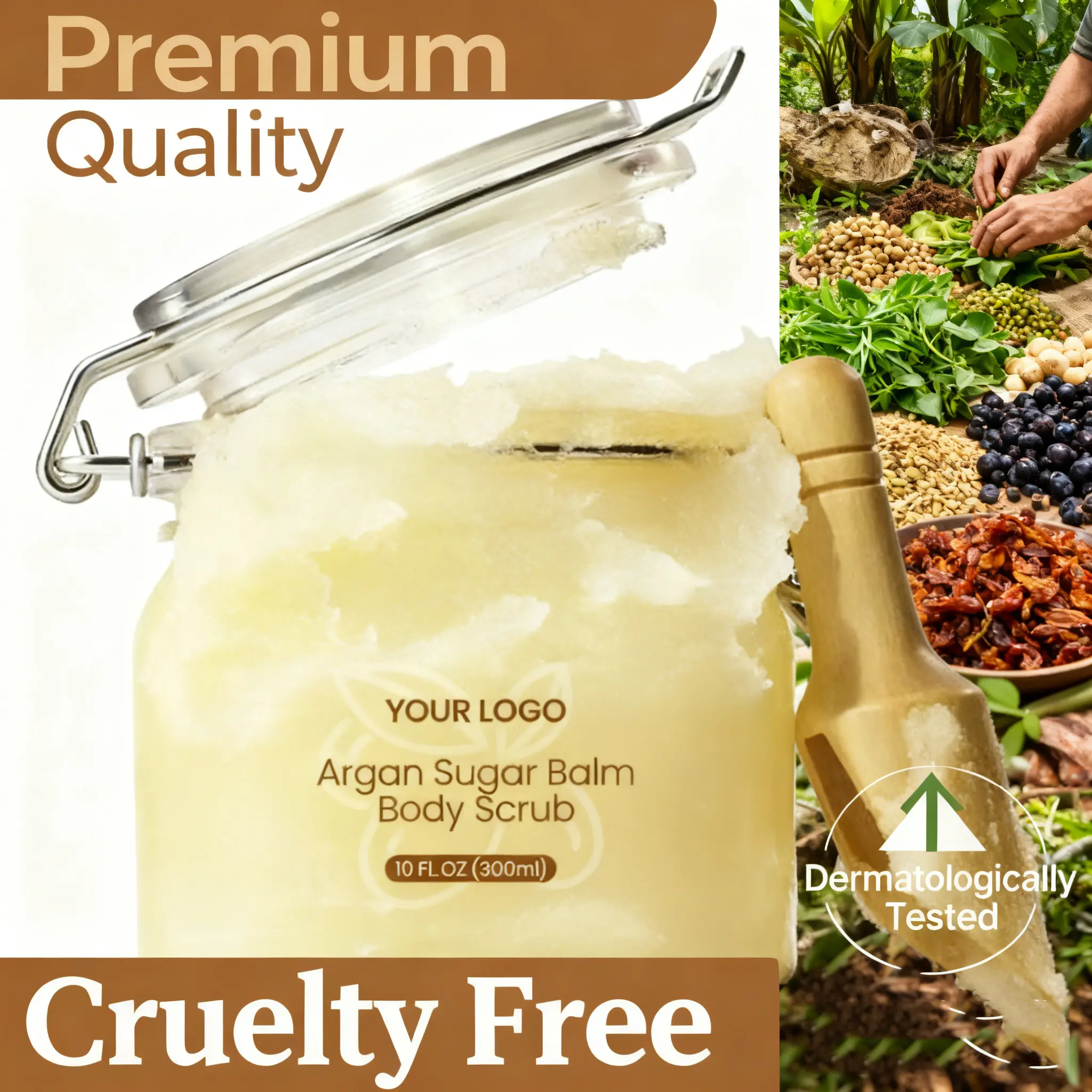 OEM ODM Moroccan Nut Sugar Fragrance Body Scrub Cruelty Free Exfoliating Sea Salt Smoothing Brightening