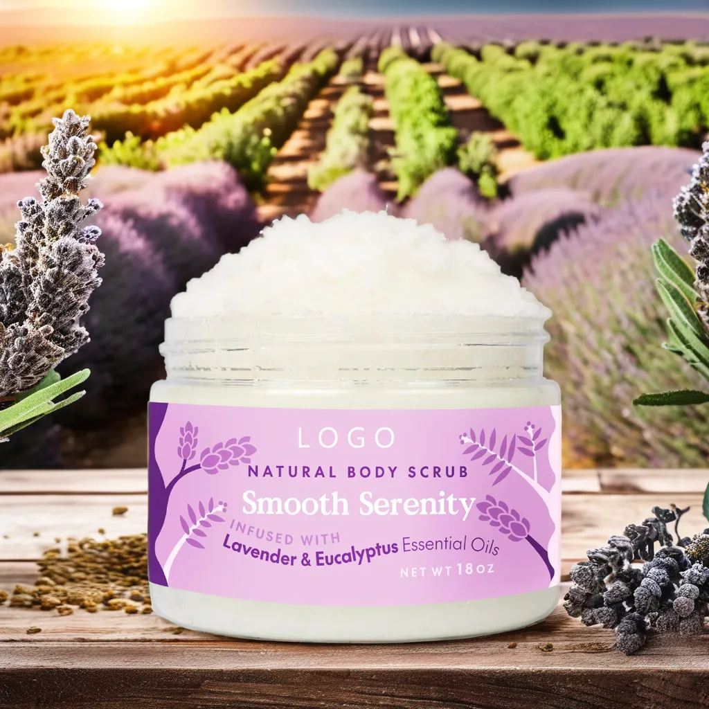 Private Label Natural Organic Lavender Eucalyptus Body Scrub Jars Whitening Brown Salt Scrub Body Exfoliating Mineral Ingredient