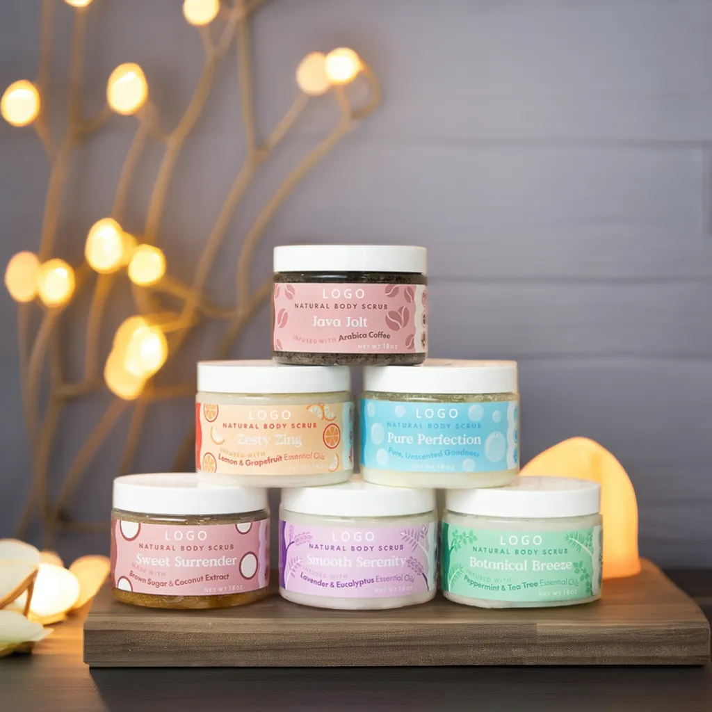 Private Label Natural Organic Lavender Eucalyptus Body Scrub Jars Whitening Brown Salt Scrub Body Exfoliating Mineral Ingredient