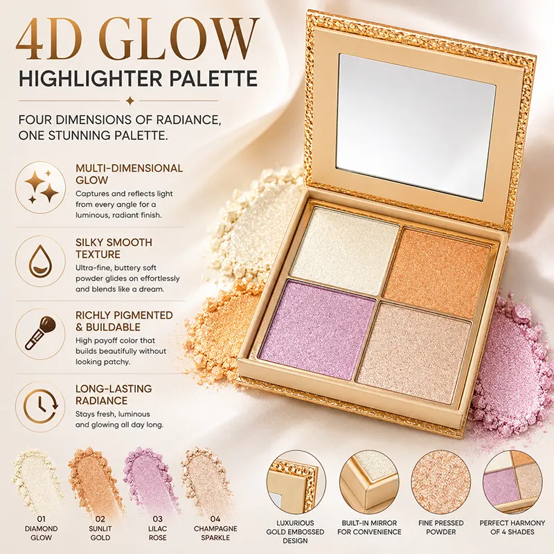 Custom Highlighter Pressed Powder Palette OEM Cosmetics Manufacturer High-quality 4-color Pearlescent High Pigmented Private