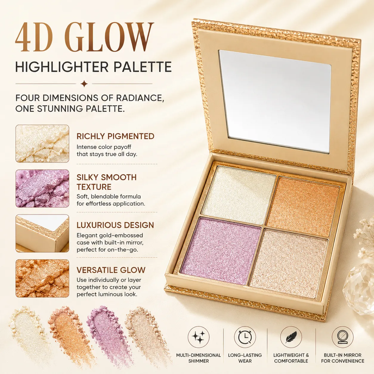 Custom Highlighter Pressed Powder Palette OEM Cosmetics Manufacturer High-quality 4-color Pearlescent High Pigmented Private