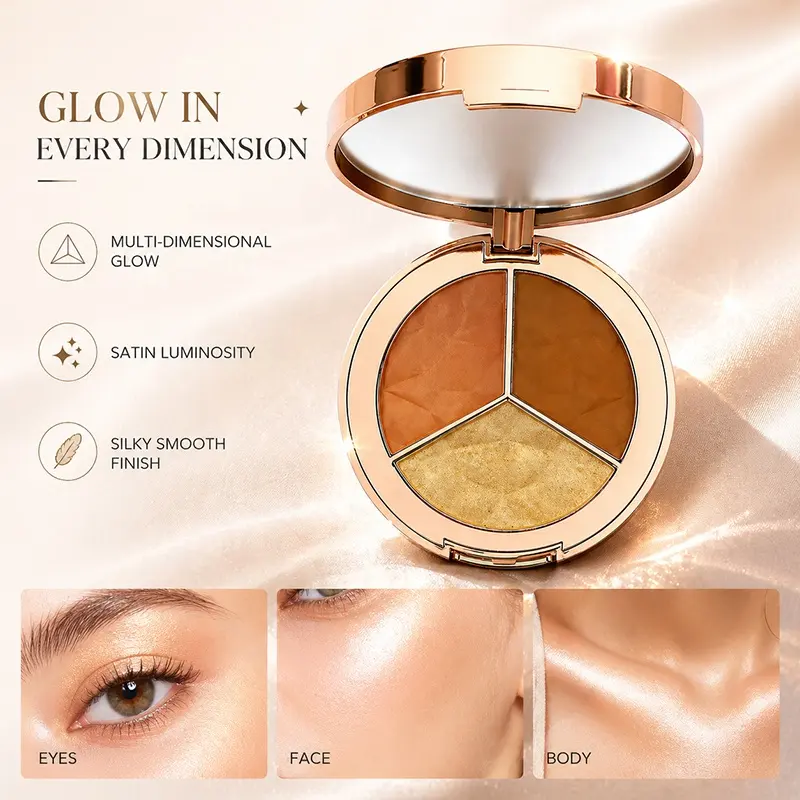 Custom High Quality Three-Color Pressed Powder Highlight Palette OEM Clean Formula Skin Brightening Private Label High Pigmented
