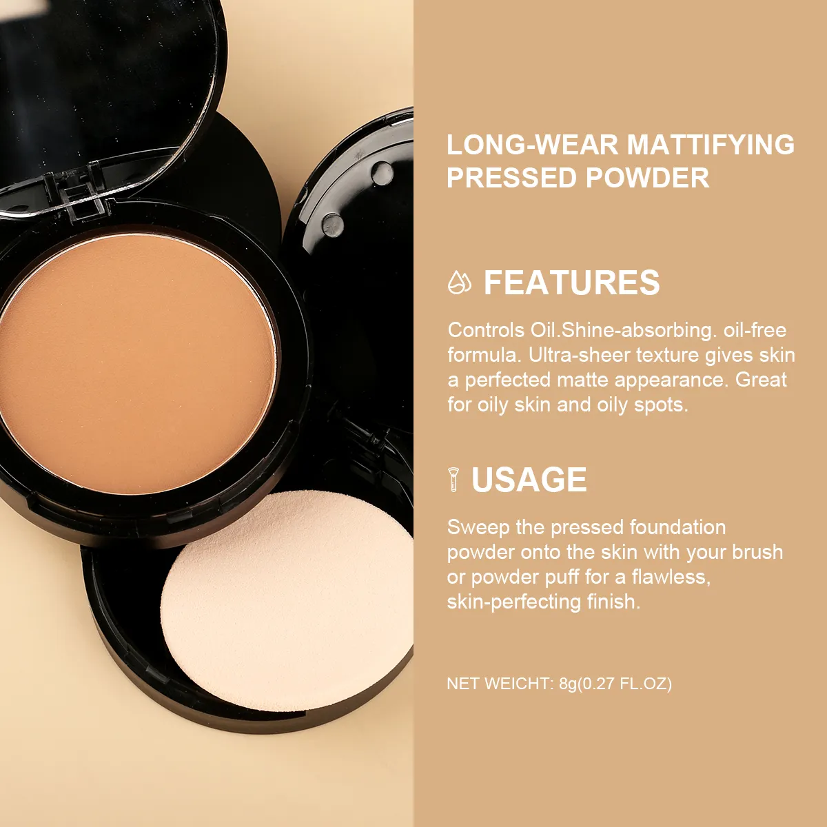 Private Label Waterproof Mineral Stay Matte Oil Control Makeup Pressed Powder Long Lasting with Puff