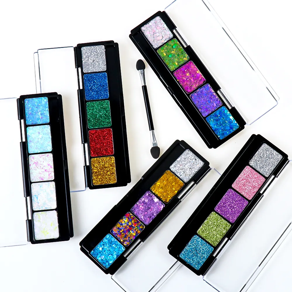 Bulk Glitter Eyeshadow Palette Pressed 5 Color No Glue Self Adhering Vegan Cruelty Free Festival Rave Bridal Stage Hair