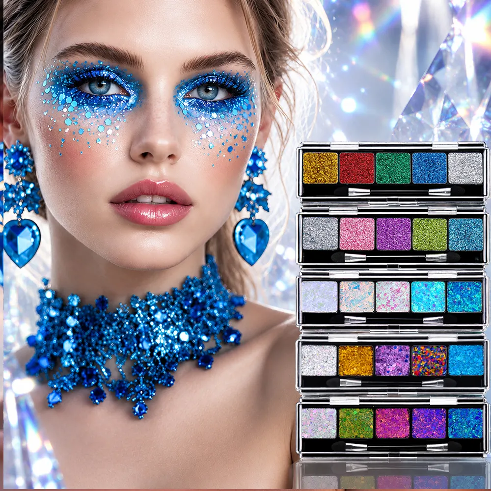 Custom Logo Chunky Glitter Eyeshadow Palette No Glue Self Adhering Face Body Hair Holographic Vegan Festival Bridal Stage