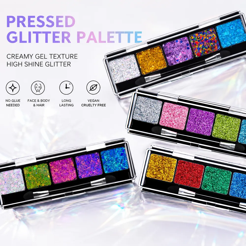 Custom Logo Chunky Glitter Eyeshadow Palette No Glue Self Adhering Face Body Hair Holographic Vegan Festival Bridal Stage