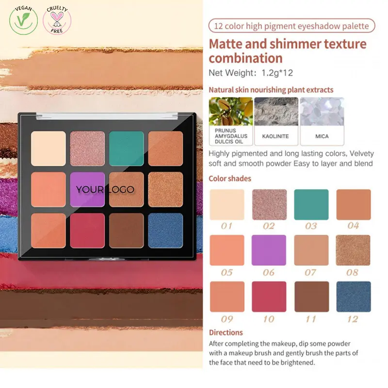 Wholesale Customizable 12 Color Eye Shadow Palette Multi-color High Quality No logo Eye Makeup Palette
