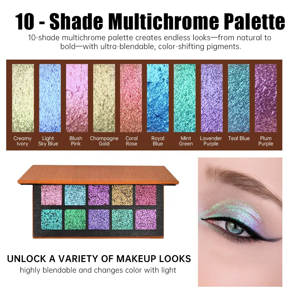 Custom MultiChrome Luminous Mineral Eyeshadow Palette OEM High Pigment Cruelty Free 10-Color Chameleon Private Label