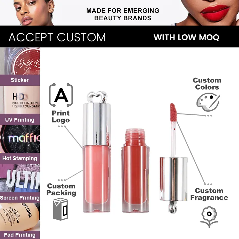 Shea Butter Vegan Mineral Liquid Glossy Moisturizing Lip Gloss with Silver Tube for Girls Long Stay High Pigment