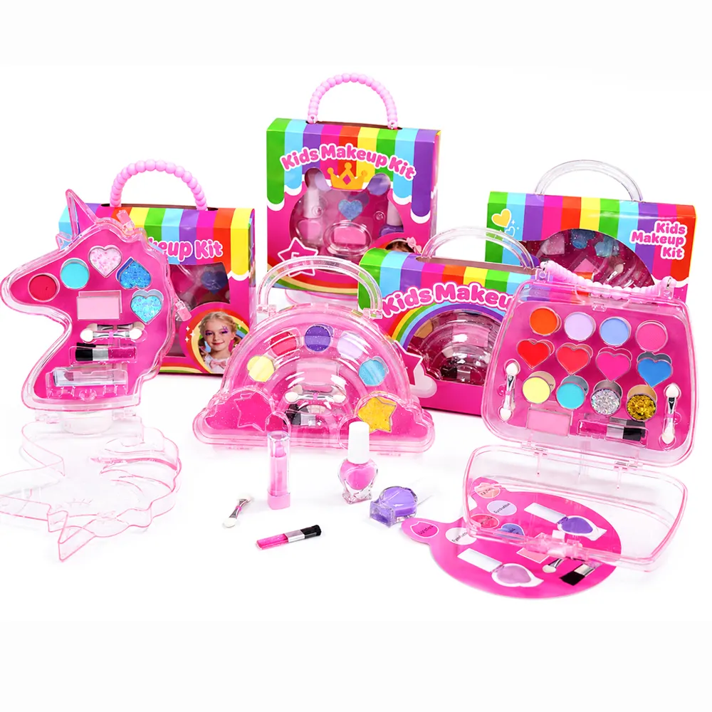 Bulk Pink Bear Girls Cosmetic Makeup Kit Safe Non Toxic Washable Colorful Eyeshadow Glitter Blush Brush Gift Set