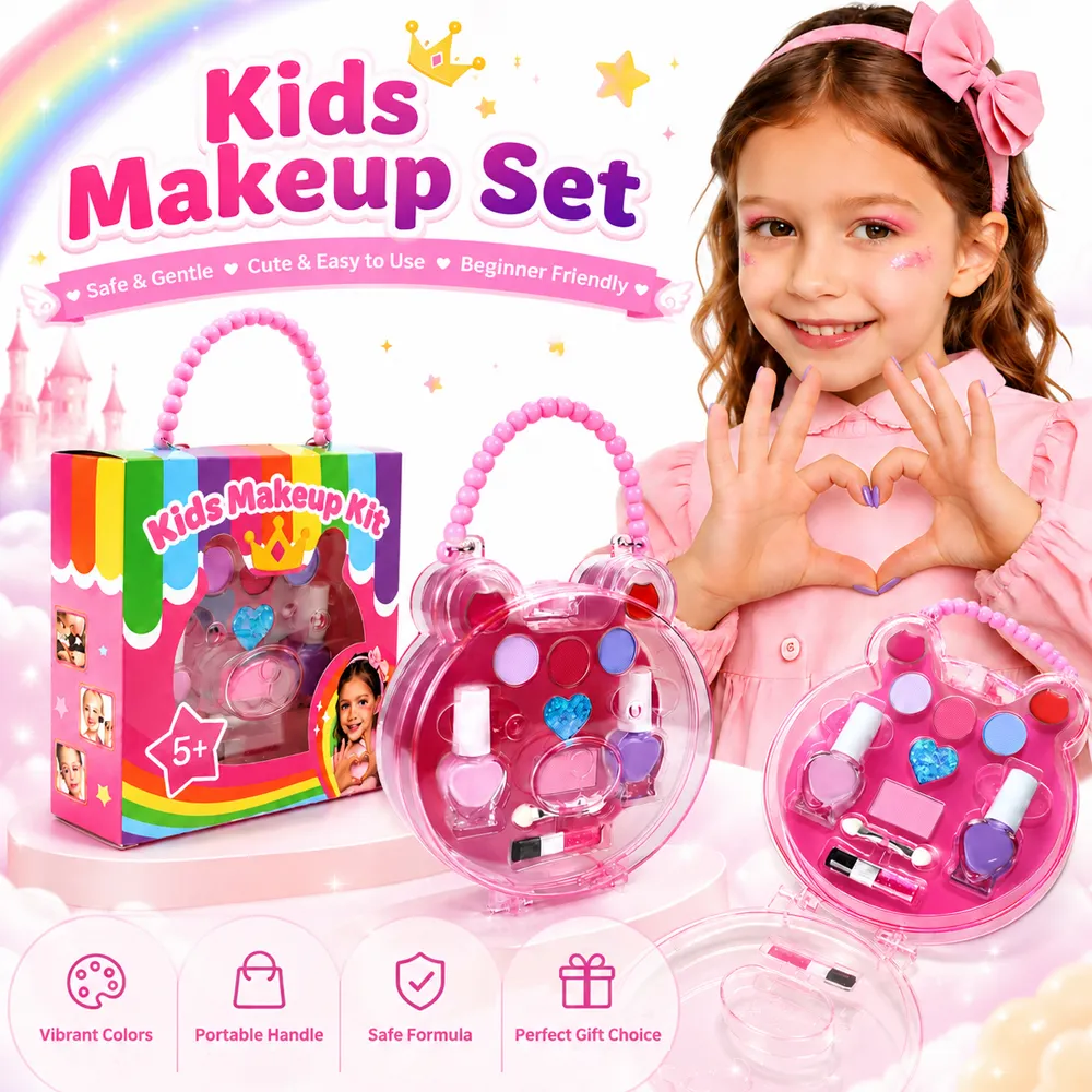 Bulk Pink Bear Girls Cosmetic Makeup Kit Safe Non Toxic Washable Colorful Eyeshadow Glitter Blush Brush Gift Set