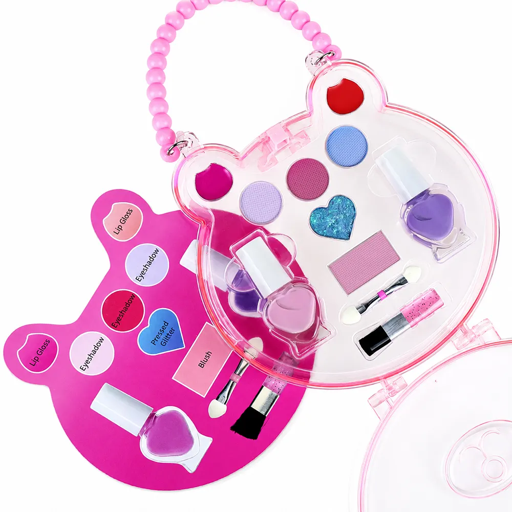 Bulk Pink Bear Girls Cosmetic Makeup Kit Safe Non Toxic Washable Colorful Eyeshadow Glitter Blush Brush Gift Set detail