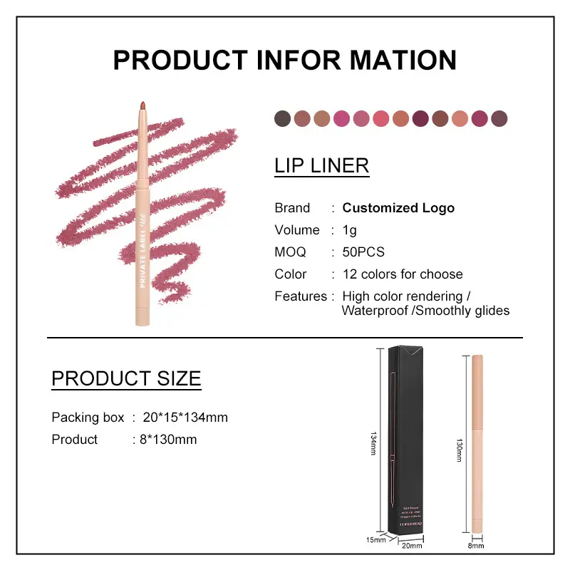 Newest Wholesale Vegan Mineral Lip Liner Pencils Long Lasting Waterproof High Pigment High Quality Pink