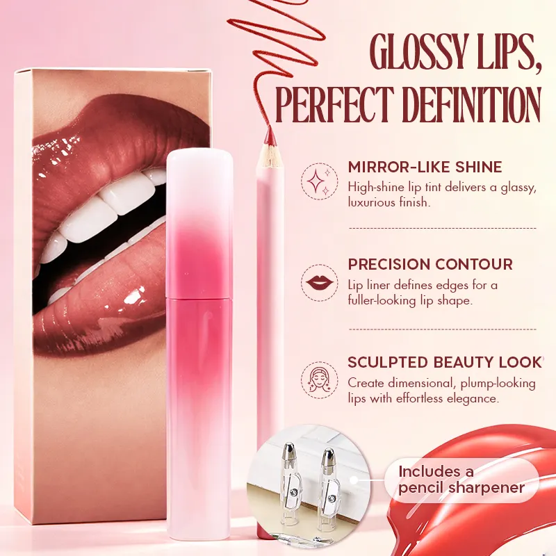 Wholesale Plant Based Lip Gloss Lip Liner Kit Sharpener Sunflower Oil Blue Water Lily Vitamin E Waterproof Long Lasting